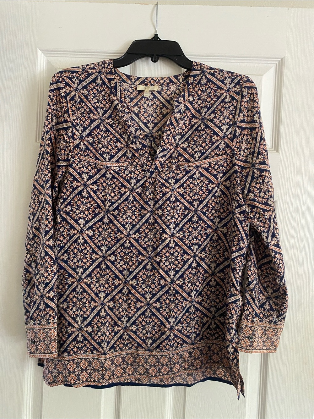Joie Navy and Blush Geometric Floral V-Neck Tunic